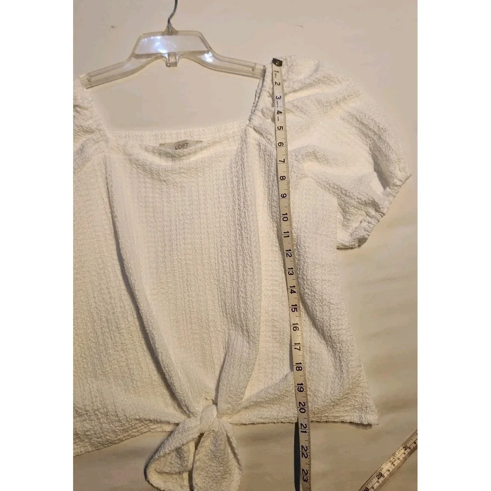 LOFT Women's Square Neck Tie Front White Puff Sleeve Top Size M